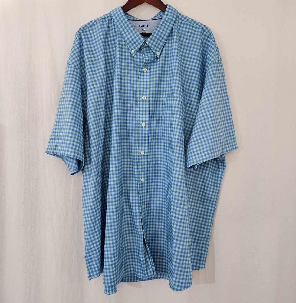 IZOD Short Sleeve Causual Button Down Shirt in Blue & White Checker Size 4XLT